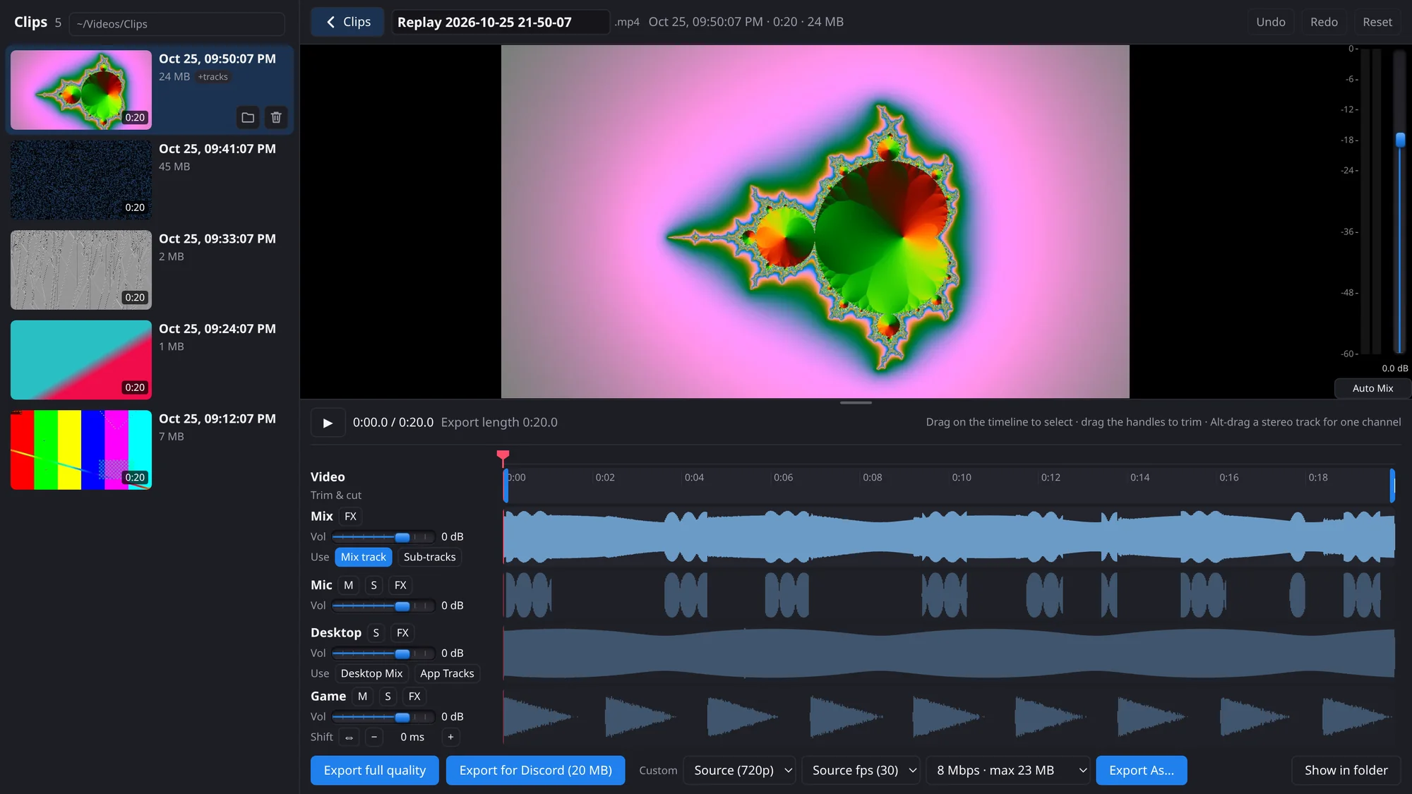 ClipEm's clip editor: the clip list beside a clip open for editing, with its timeline, audio tracks and export buttons
